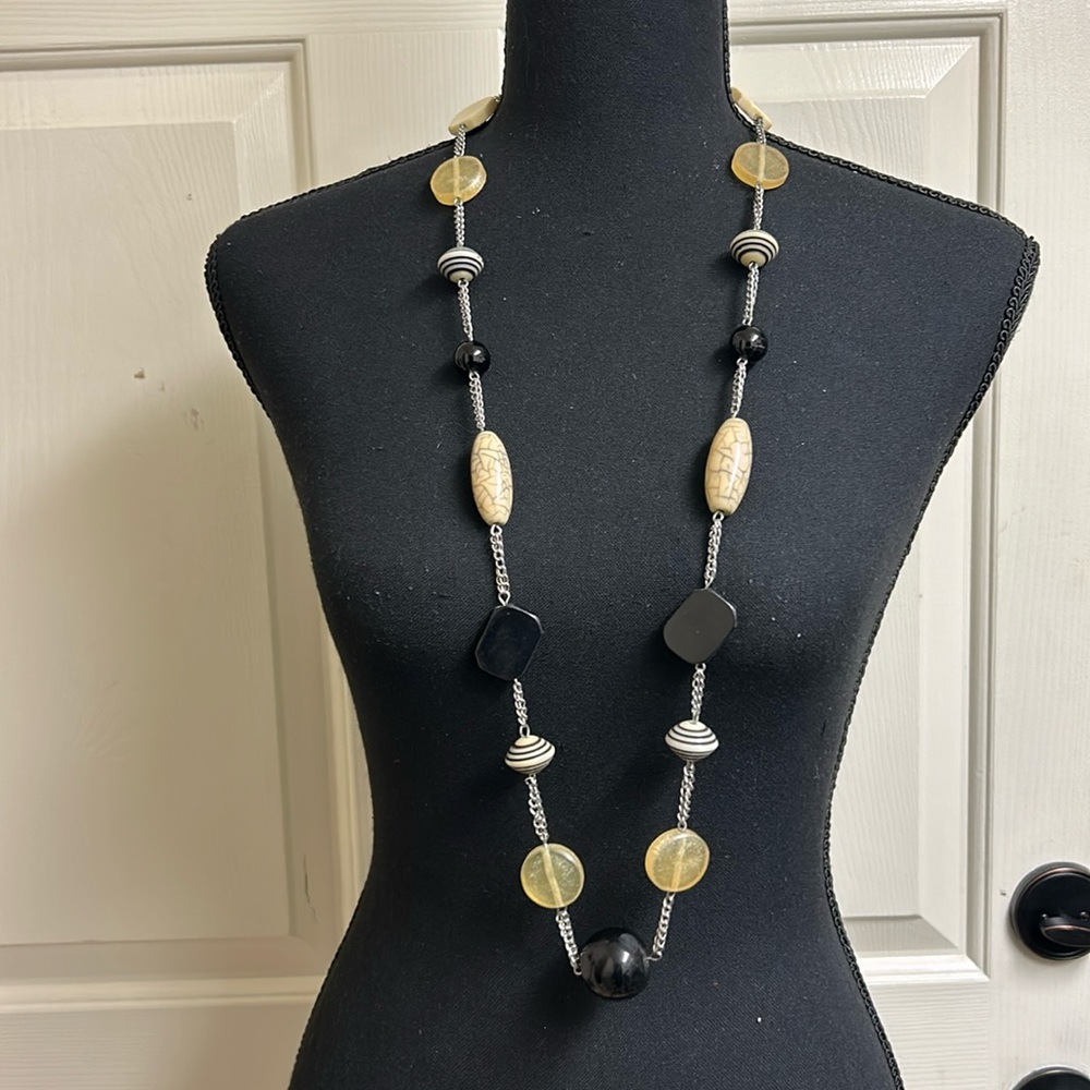 Cookie Lee Necklace, Black, Tan, Cream beads with Silver Chain, 40”